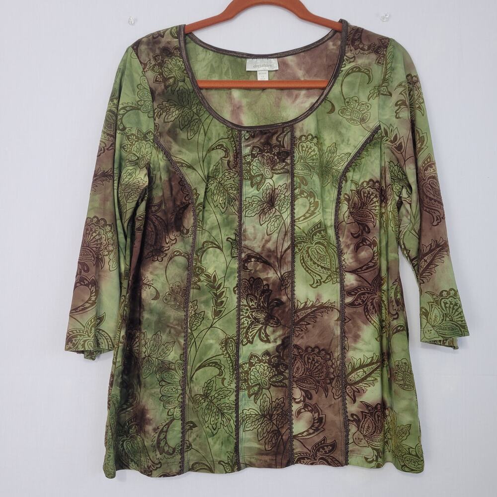 Vintage Y2K Floral 3/4 Sleeve Top size 1X Green Brown Earthy Forest Fairy Grunge